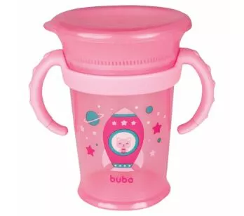 Copo de Treinamento 360 Bebê - Alça Removível - 210ml - Foguete - Rosa - Buba