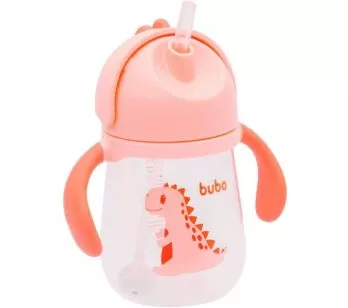 Copo com Canudo para Bebê - Alça Removível - 240ml - Dino - Rosa - Buba.