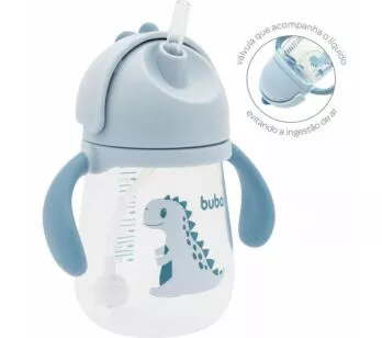 Copo com Canudo para Bebê - Alça Removível - 240ml - Dino - Azul - Buba