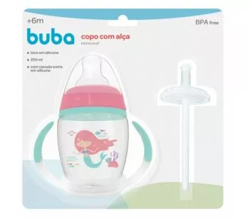 Copo com Bico e Alça Removível - Canudo Extra - 250ml - Sereia - Buba