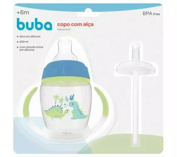 Copo com Bico e Alça Removível - Canudo Extra - 250ml - Dino - Buba