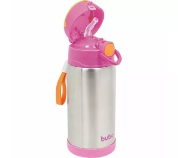Garrafa com Canudo - Aço Inox - Térmica - 400 ml - Rosa - Buba