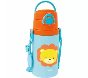 Garrafinha Infantil Alumínio com Canudo - 400ml - Animal Fun - Leão - Buba