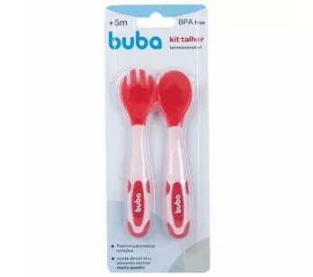 Kit Talher para Bebê - Flexível e Termossensível - Colher e Garfo - Rosa - Buba