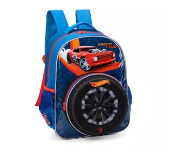 Mochila 3D de Costas Infantil - Hot Wheels - Pneu - Azul Luxcel